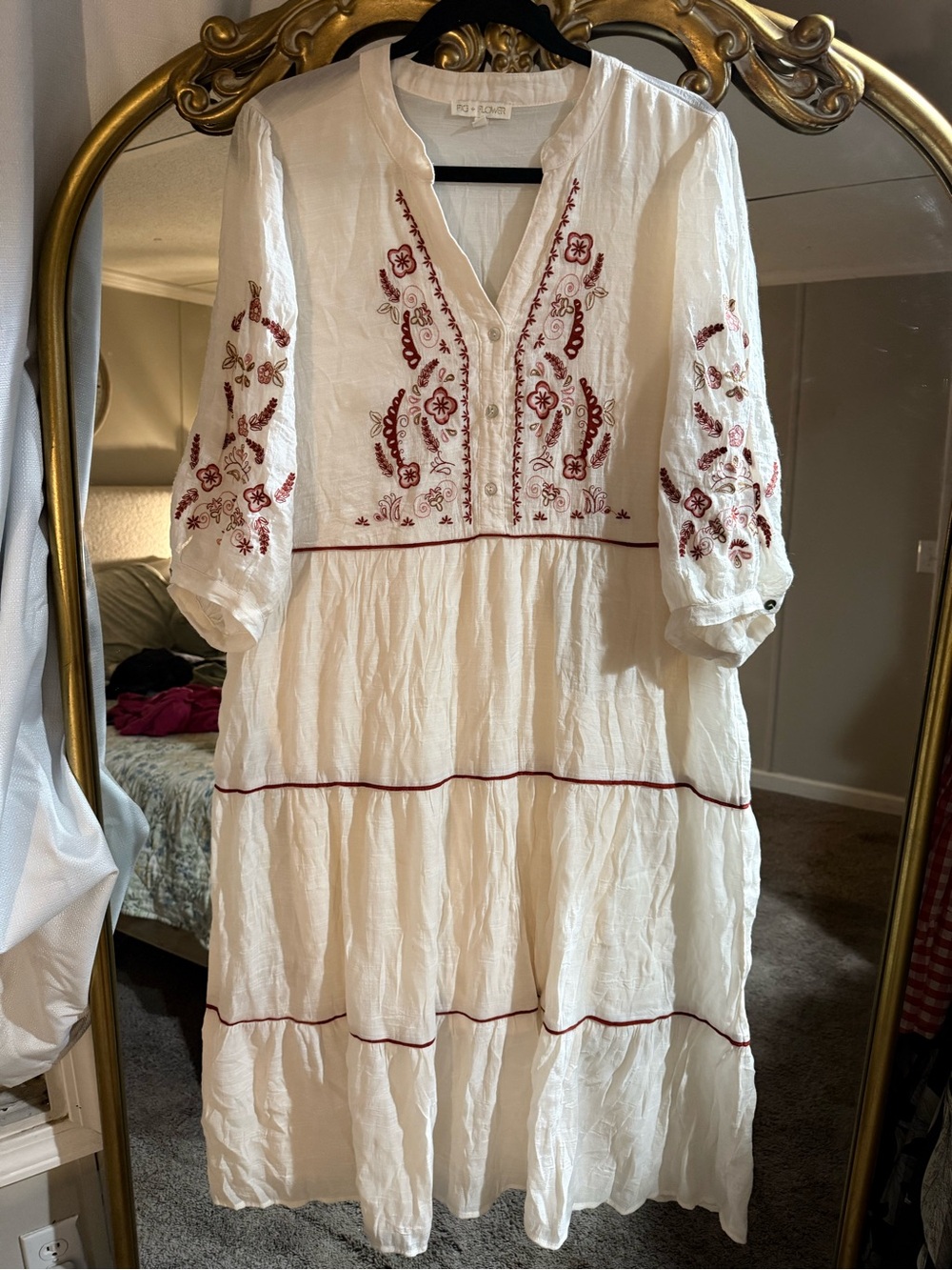Cream Embroidered Peasant Midi Dress with Burgundy Floral Stitching